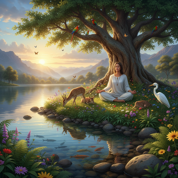 Gambar yang menampilkan seseorang bermeditasi di alam yang asri, dikelilingi pepohonan hijau, air jernih, dan satwa liar, melambangkan harmoni dengan lingkungan hidup.