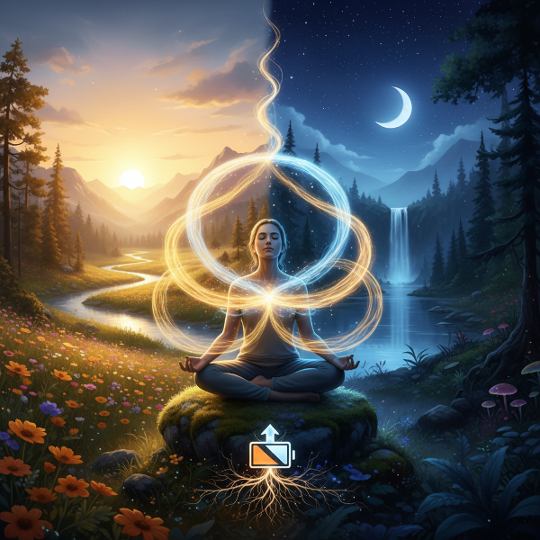 Ilustrasi seseorang memulihkan energi mental dengan aliran cahaya, dikelilingi alam tenang dan siklus siang-malam yang seimbang, melambangkan manajemen energi personal.