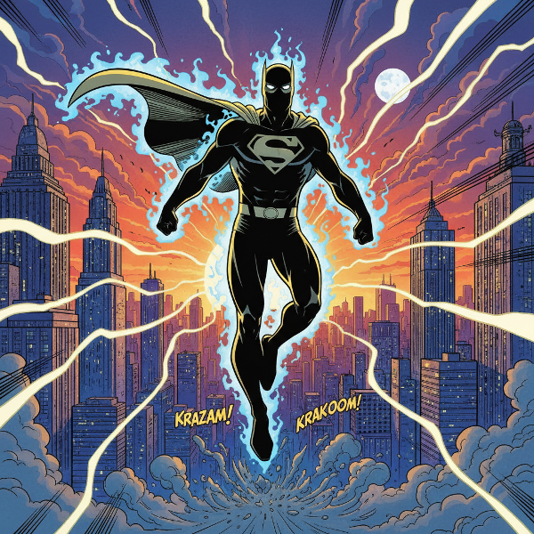 Ilustrasi gaya komik yang menunjukkan seseorang berubah menjadi siluet pahlawan super klasik, dengan energi bercahaya dan cakrawala kota di latar belakang.
