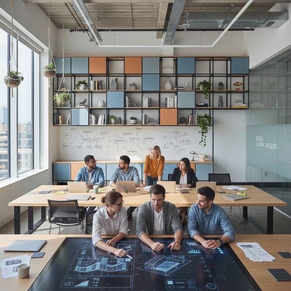 Ilustrasi orang-orang bekerja dalam lingkungan profesional modern yang menunjukkan kolaborasi, struktur, dan keseimbangan antara pekerjaan dengan pengembangan diri.