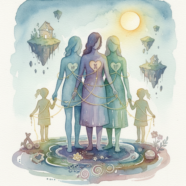 Gambar simbolis yang menggambarkan pengaruh dinamika keluarga masa kecil terhadap hubungan dewasa, dengan elemen visual yang lembut dan reflektif.