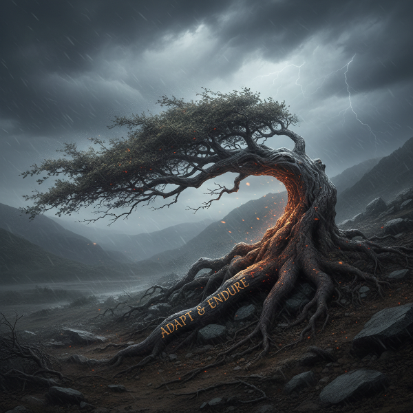 Sebuah pohon yang kuat berakar dalam membungkuk dalam badai, tetapi tetap tegak, melambangkan ketahanan dan kemampuan beradaptasi menghadapi perubahan hidup.