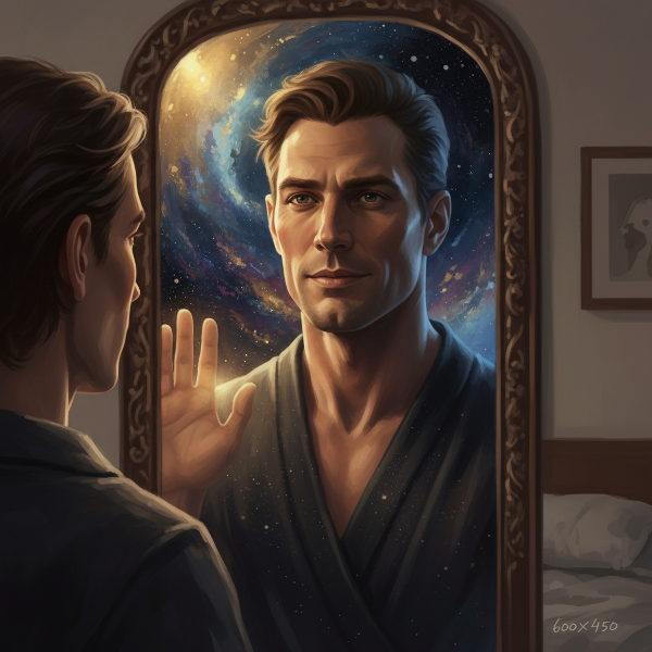 Seseorang bercermin, melihat refleksi diri yang kuat dan percaya diri, dengan cahaya dan bayangan melambangkan penerimaan diri dan kekuatan batin.