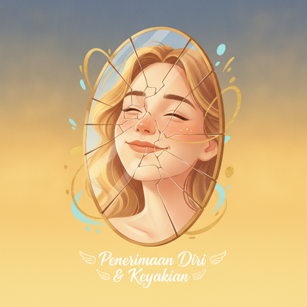 Ilustrasi cermin retak dengan pantulan positif diri, mewakili eksplorasi harga diri dan citra diri dalam tes.