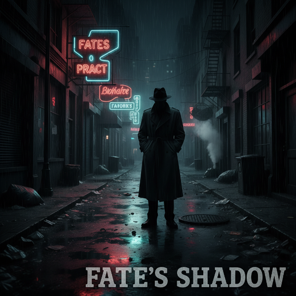 Gambar seorang karakter misterius dalam jas hujan di lorong gelap yang basah oleh hujan, dengan cahaya neon berkedip menciptakan suasana film noir yang penuh teka-teki dan nasib buruk.