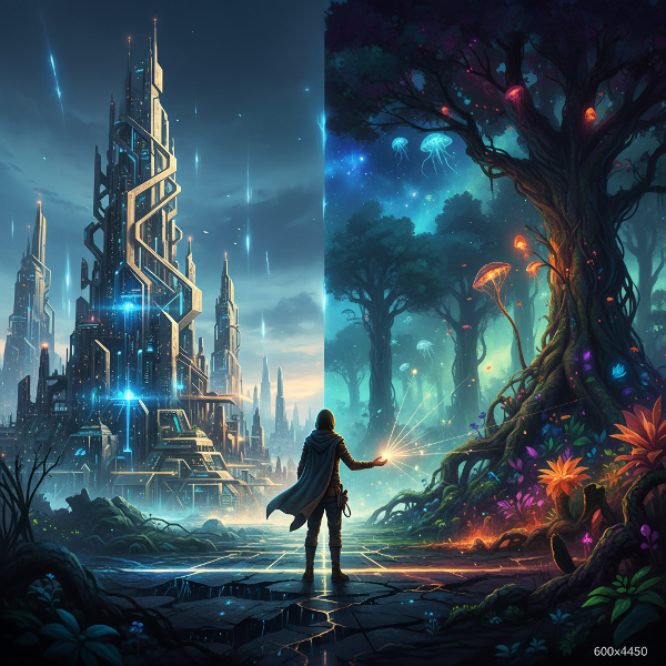 Ilustrasi seseorang di persimpangan antara tatanan sosial dan kebebasan pribadi, memegang kompas yang menunjuk ke arah berbeda.