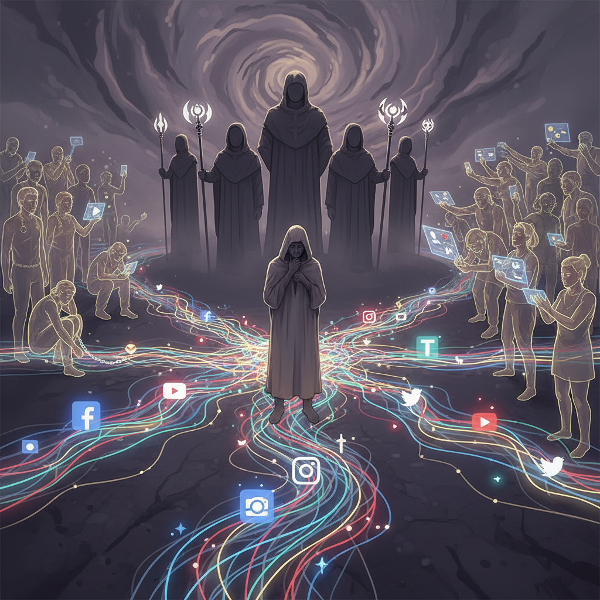Ilustrasi seseorang di persimpangan jejaring sosial yang bercahaya, menghadapi figur otoritas dan kelompok yang samar, merefleksikan tekanan batin dalam masyarakat.