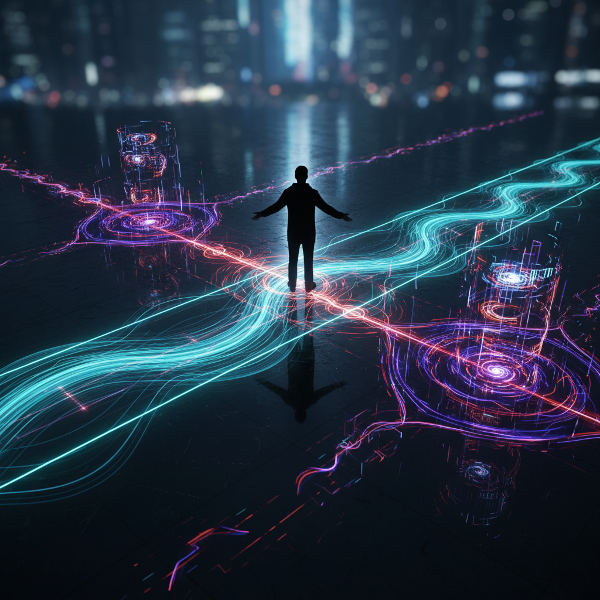 Seseorang di persimpangan ritme sosial yang bercahaya, menggambarkan sinkronisasi dan pola internal yang unik.