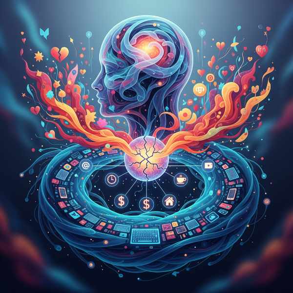 Gambar abstrak yang menggambarkan arus bawah sadar pikiran manusia dengan simbol-simbol kebiasaan digital, pola makan, dan reaksi emosional yang membentuk keputusan sehari-hari.