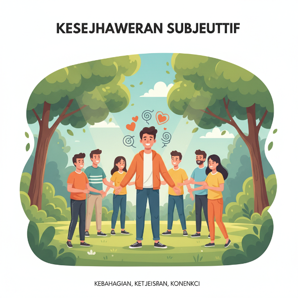 Ilustrasi grafis seseorang yang tersenyum di taman cerah dengan lingkaran sosial yang hangat, melambangkan kesejahteraan emosional dan ketahanan.