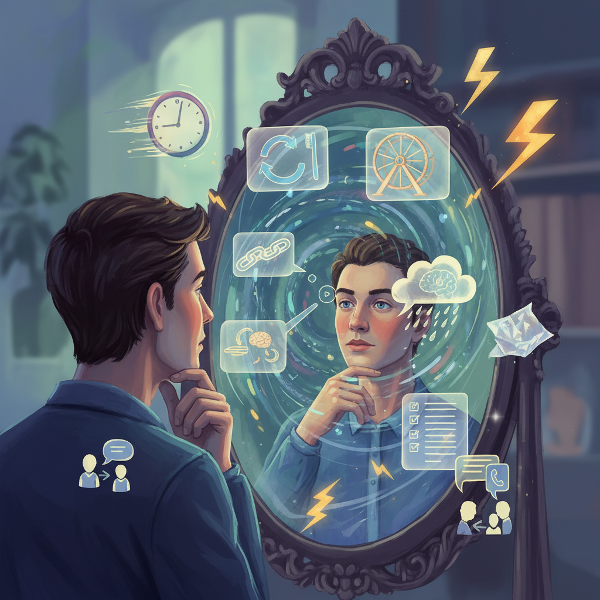 Seseorang melihat refleksi kebiasaan bawah sadarnya di cermin, dikelilingi simbol waktu, stres, dan interaksi sosial.