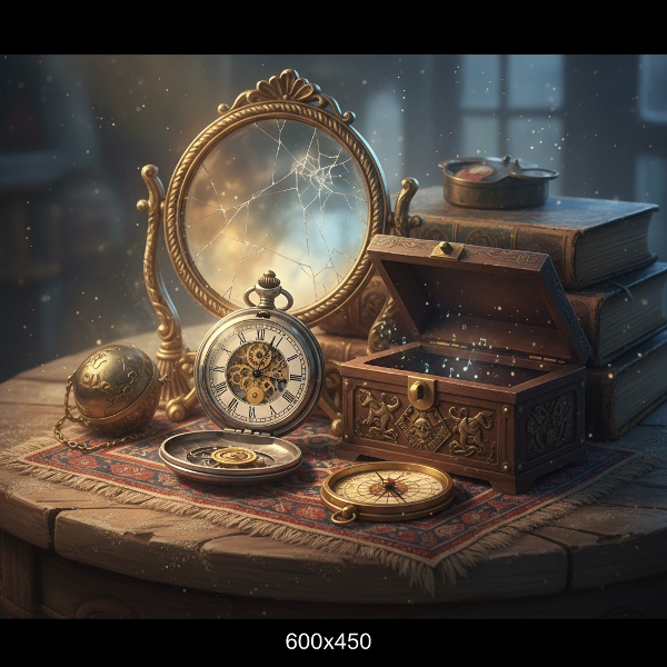 Koleksi benda antik ajaib di atas meja kayu berdebu, diterangi cahaya lembut, menggambarkan misteri dan cerita tersembunyi.