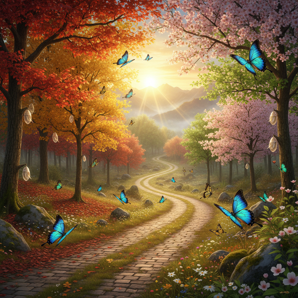 Ilustrasi jalan berliku di hutan yang berubah musim, dengan simbol transformasi kupu-kupu dan harapan matahari terbit, mewakili perjalanan adaptasi dan pertumbuhan melalui kesulitan.