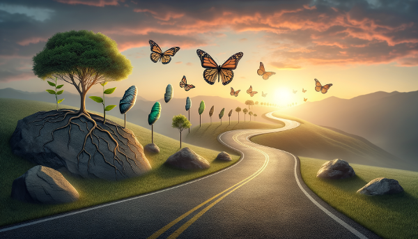 Ilustrasi jalan berliku menuju matahari terbit dengan simbol transformasi seperti kupu-kupu dan pohon yang tumbuh di bebatuan, mewakili ketahanan dan pertumbuhan setelah kesulitan.