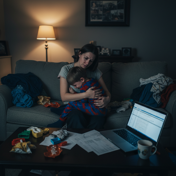 Seorang ibu lelah menghibur anak laki-lakinya yang menangis di malam hari, menggambarkan kesendirian dan beban emosional.