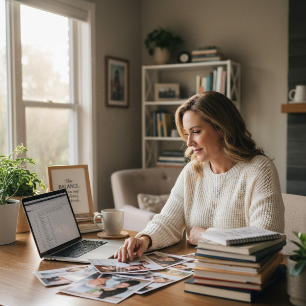 Ilustrasi seorang perempuan paruh baya yang bijaksana dan hangat di ruang kerja rumahnya yang nyaman, merefleksikan keseimbangan antara kekhawatiran sebagai ibu dan tanggung jawab profesional, dengan cahaya lembut menciptakan suasana tenang.