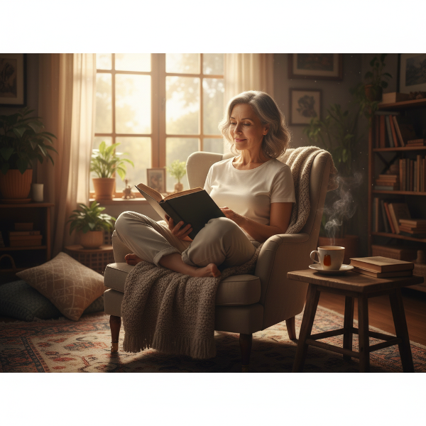 Ilustrasi seorang wanita paruh baya yang sedang merenung di ruang keluarga yang hangat, melambangkan perjalanan menerima keterbatasan fisik dan menemukan kekuatan baru.