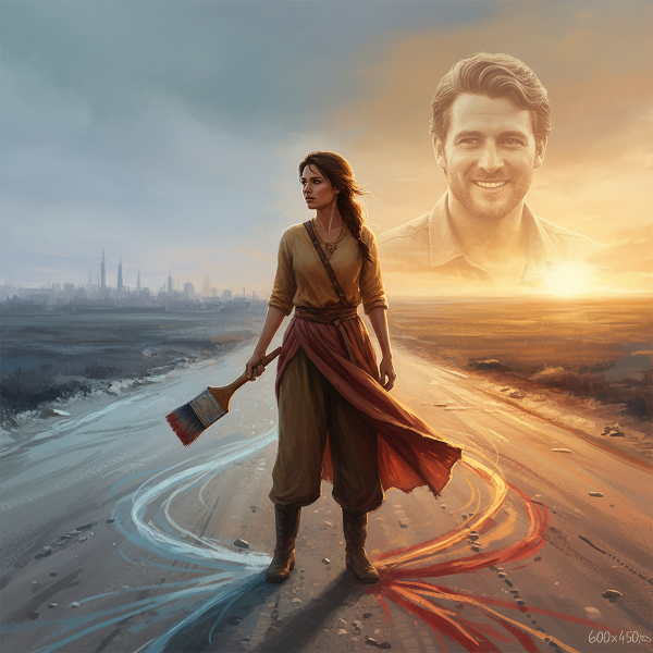 Ilustrasi seorang wanita di persimpangan, memegang kuas cat, dengan bayangan suaminya di latar belakang. Warna hangat dan dingin melambangkan pilihan emosional dan jarak dalam pernikahan.