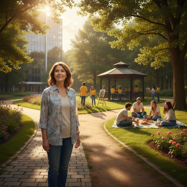 Ilustrasi seorang wanita di persimpangan jalan, melambangkan transisi pensiun: meninggalkan karier dan menuju berbagai kemungkinan baru yang cerah dan bermakna.