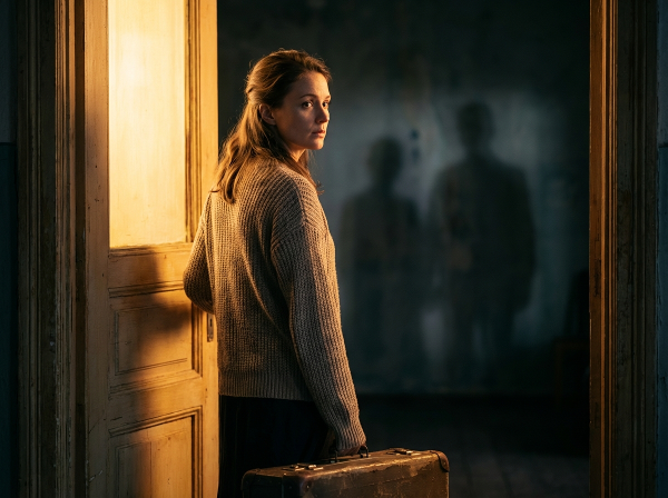 Ilustrasi seorang perempuan paruh baya di ambang pintu menuju cahaya, melambangkan kecemasan dan harapan dalam memulai hubungan intim baru setelah perceraian.