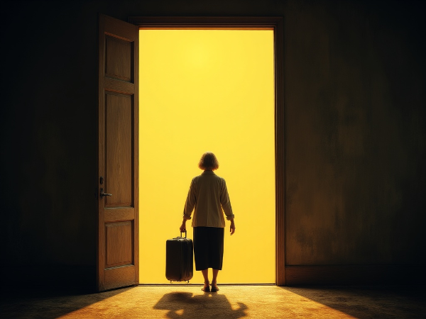Seorang perempuan paruh baya berdiri di ambang pintu, memandang jalan baru yang diterangi cahaya, melambangkan harapan dan kekuatan untuk memulai hidup baru.