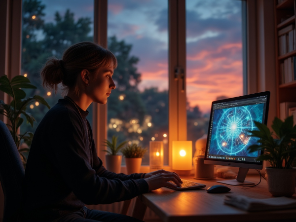 Ilustrasi seorang wanita yang merasa terisolasi saat bekerja dari rumah, dengan cahaya lembut melambangkan harapan untuk koneksi.