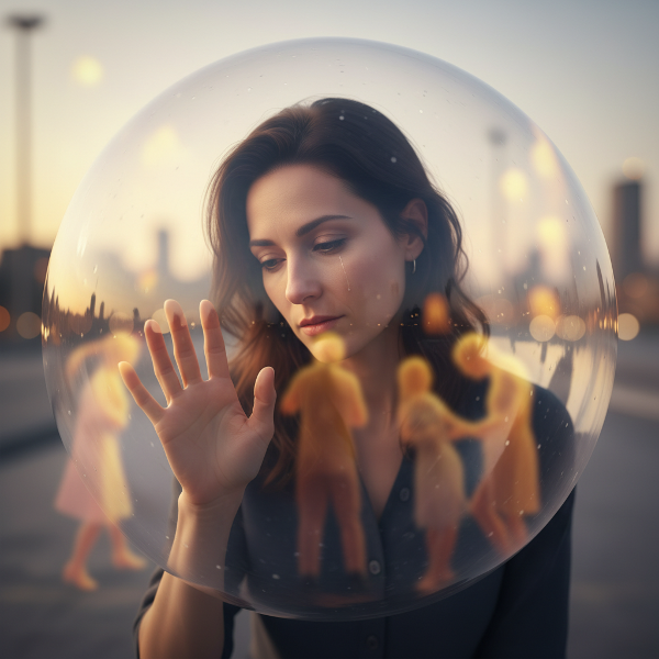 Ilustrasi seorang perempuan dalam gelembung transparan yang melambangkan isolasi, dengan latar belakang cahaya hangat dan siluet orang-orang yang samar.