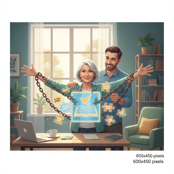 Ilustrasi seorang wanita paruh baya yang memecah tugas besar menjadi bagian-bagian kecil seperti puzzle, dengan latar ruang kerja yang tenang dan dukungan dari pasangan, melambangkan perjalanan mengatasi penundaan.