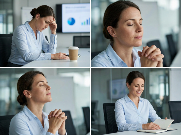 Seorang wanita profesional mengatasi stres dan kecemasan di tempat kerja dengan teknik relaksasi dan persiapan untuk meningkatkan kepercayaan diri.