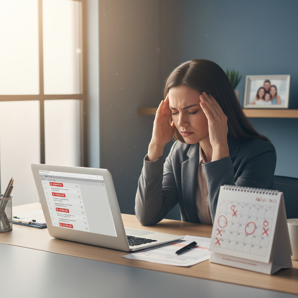Ilustrasi seorang perempuan profesional mengalami ketegangan fisik di tempat kerja, dengan simbol deadline dan kecemasan tentang masa depan keluarga.