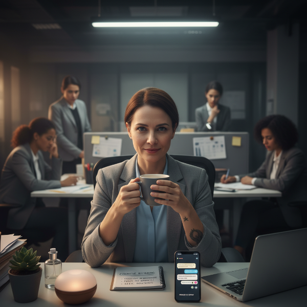 Ilustrasi seorang wanita profesional yang sedang memulihkan kepercayaan diri di lingkungan kerja yang menantang, dengan simbol-simbol ketahanan mental dan dukungan.