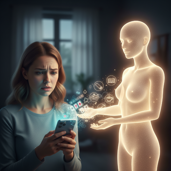 Ilustrasi seorang wanita yang berjuang dengan kecanduan judi online mendapat dukungan dari sosok psikolog, dengan simbol-simbol pemulihan dan ketenangan.