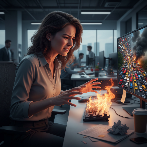 Ilustrasi seorang wanita profesional di kantor teknologi yang diliputi stres dan kemarahan, dengan elemen visual simbolis seperti keyboard berapi dan kemacetan lalu lintas.