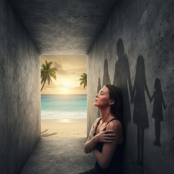 Ilustrasi metaforis seorang wanita terjebak dalam ruang sempit dengan bayangan keluarga di dinding dan ruam di kulitnya, yang terbuka menuju pantai yang tenang.