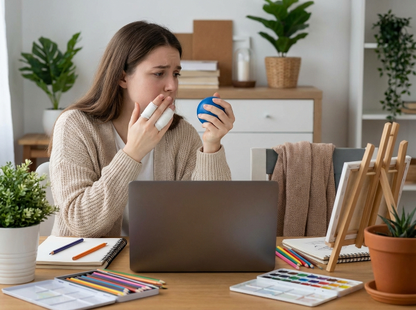 Ilustrasi seorang wanita muda yang sedang bekerja dari rumah, terlihat cemas sambil melihat jarinya yang terluka. Di sekitarnya terdapat alat seni dan bola stres sebagai simbol terapi.