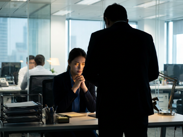 Ilustrasi seorang wanita muda di kantor yang merasa tertekan dan kecil di bawah bayang-bayang atasan yang kritis, namun ada cahaya harapan dan ruang untuk refleksi diri.