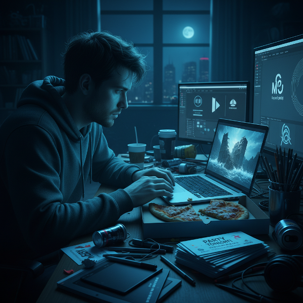 Ilustrasi seorang desainer grafis muda yang terjebak dalam ritual malam menonton video bencana, menggambarkan isolasi dan gangguan pola hidup.