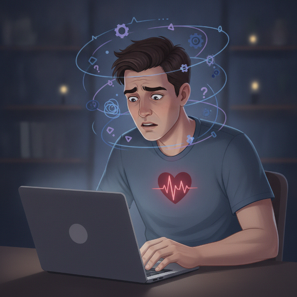 Seorang pria muda duduk di depan laptop dengan ekspresi cemas, tangan di dada, latar belakang kantor start-up yang buram, simbol awan pikiran negatif dan tanda tanya, warna biru dan abu-abu yang menenangkan.