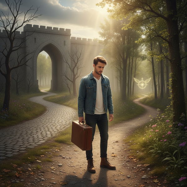 Ilustrasi seorang pria muda berdiri di persimpangan jalan, mewakili kebimbangan antara karier yang stabil dan keinginan untuk berkembang.