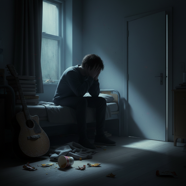 Ilustrasi seorang pemuda di kamar kos yang suram, mewakili perasaan hampa dan mati rasa, dengan secercah harapan dari jendela.