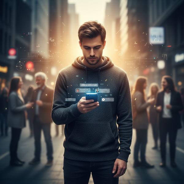 Ilustrasi seorang pria muda yang merasa kesepian di tengah kerumunan, memegang ponsel dengan pesan tak terbaca, dikelilingi suasana sosial yang kabur, dengan cahaya hangat yang melambangkan pembukaan diri dan koneksi bertahap.