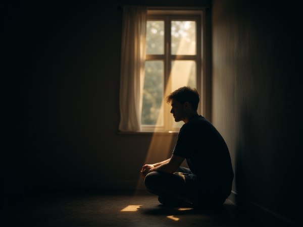 Ilustrasi seorang pria muda yang merasa terisolasi namun ada secercah harapan yang menyentuhnya.