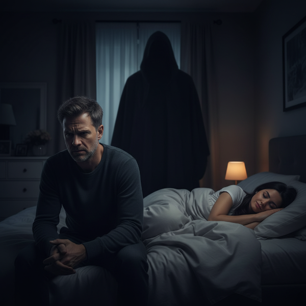 Ilustrasi seorang pria muda yang merasa bersalah di kamar tidur gelap pada malam hari, dengan bayangan rasa bersalah mengambang di atasnya sementara pasangannya tidur tenang di sampingnya.