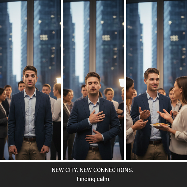 Ilustrasi pria muda mengatasi kecemasan sosial di kota baru dengan teknik pernapasan dan memulai percakapan kecil.