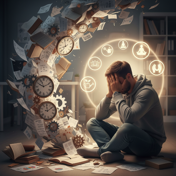 Ilustrasi seorang pemuda yang kewalahan dengan tuntutan pekerjaan dan studi, dikelilingi simbol stres, dengan cahaya lembut yang mewakili keseimbangan dan ketenangan dari praktik mindfulness.