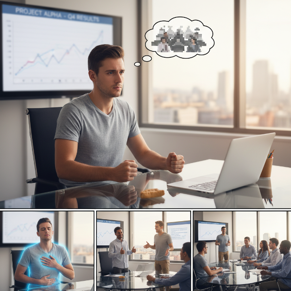 Ilustrasi seorang pria muda di kantor teknologi yang mengatasi kecemasan presentasi melalui latihan pernapasan dan paparan bertahap.