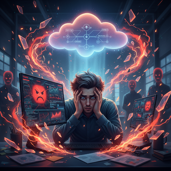 Ilustrasi seorang pria muda di kantor teknologi yang merasa tertekan, dikelilingi metafora visual stres dan kemarahan, dengan cahaya tenang yang mewakili strategi pengelolaan emosi.