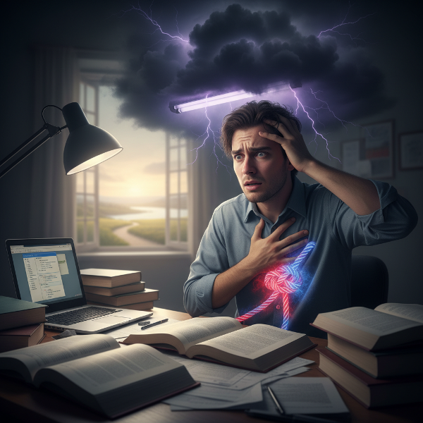 Ilustrasi seorang mahasiswa laki-laki yang dilanda kecemasan dan serangan panik saat menghadapi tekanan akademik, dengan simbol-simbol visual yang menggambarkan pergolakan batin dan pencarian ketenangan.