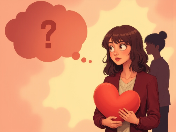 Ilustrasi seorang wanita muda yang sedang merenung tentang komunikasi dalam hubungan intim, dengan pasangan yang mendukung di latar belakang.