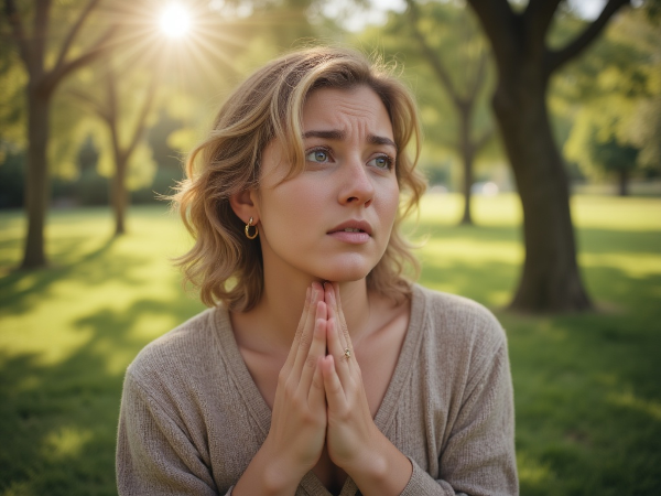 Ilustrasi seorang perempuan muda yang mengatasi serangan kecemasan dengan teknik pernapasan dan relaksasi di lingkungan yang tenang.